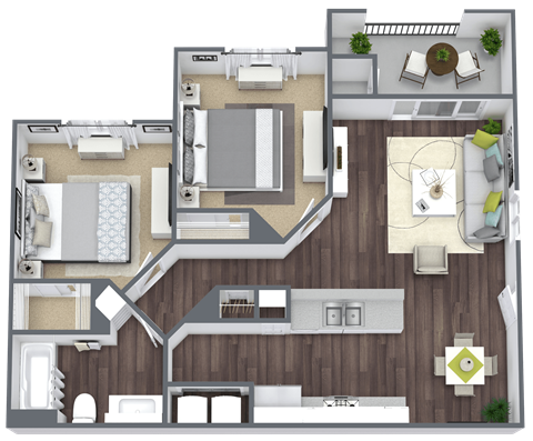 Floor plan for 2 beds, 1 bath, 872 sqft